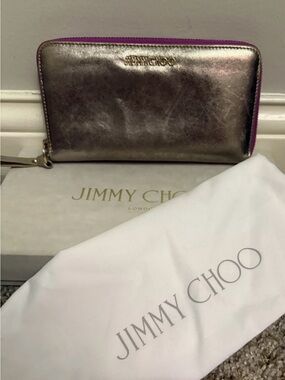 Jimmy Choo Metallic Silver Zip Wallet with Pink Trim
